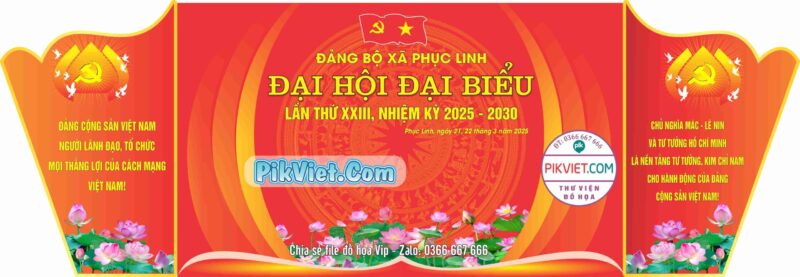 Backdrop phông nền đại hội đại biểu xã phục linh nền đỏ hoa sen