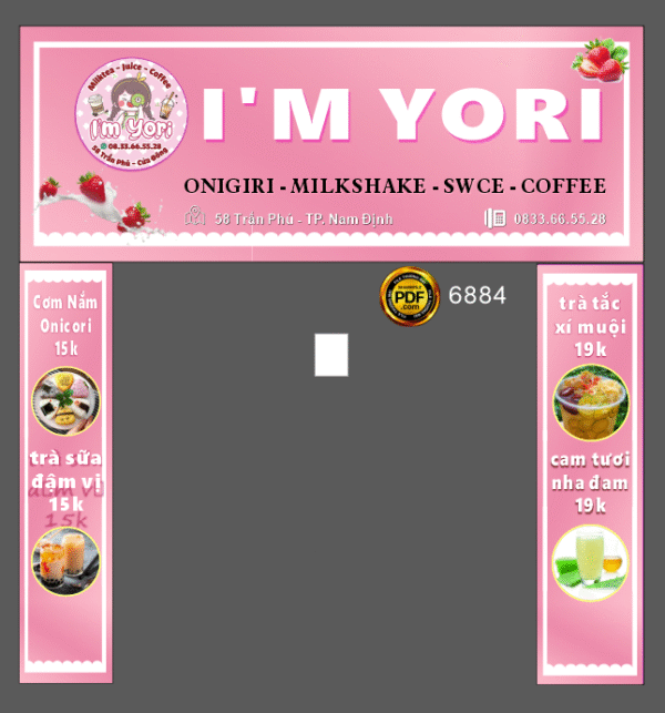 Biển quán ăn vặt I'm Yori tone màu đẹp file corel