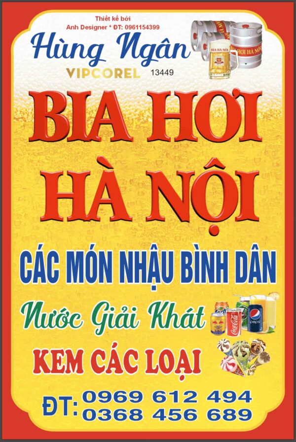 Biển vẫy QC Hùng Ngân - Bia hơi hà nội file corel