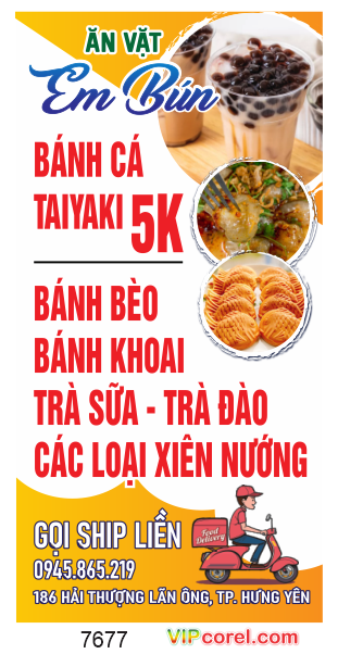 Biển đứng ăn vặt Em Bún - bánh khoai file corel