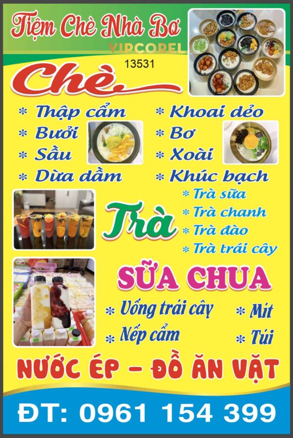 Biển QC tiệm chè Nhà Bơ - nước ép - đồ ăn vặt