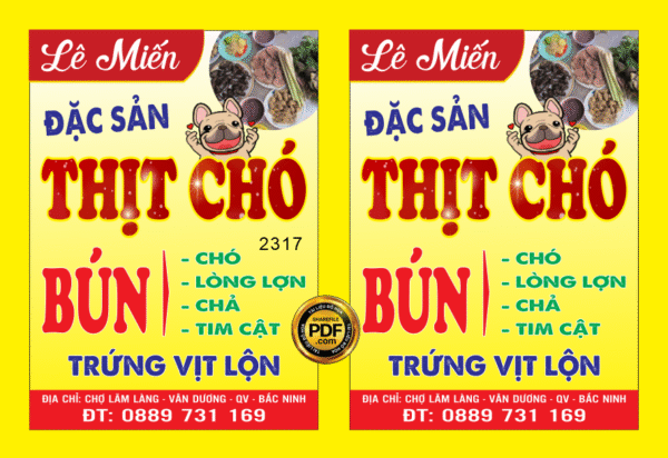 Biển vẫy cửa hàng Lê Miến - thịt chó - bún chó file CDR