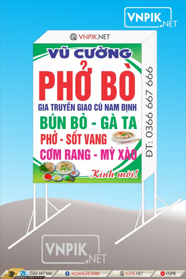 Mẫu biển vẫy Phở bò nam định Vũ cường, bún bò, gà ta, sốt vang, cơm rang mỳ xào