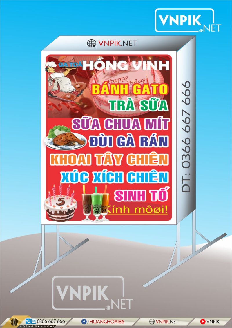 Mẫu biển vẫy bán bánh gato Hồng Vinh, trà sữa, đồ ăn vặt