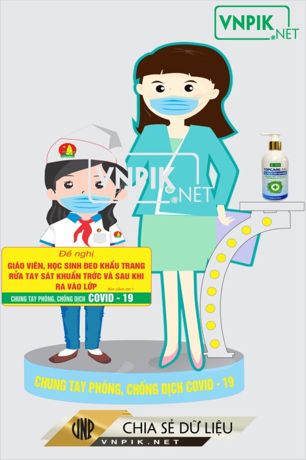 Mẫu chibi giáo viên học sinh đeo khẩu trang rửa tay sát khuẩn trước khi vào lớp