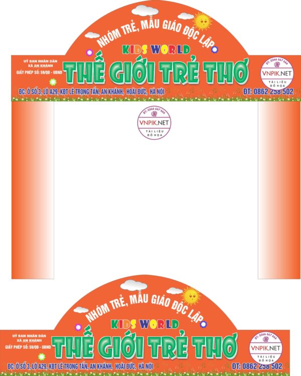 Mẫu cổng trường Biển Kids world – thế giới trẻ thơ file CDR