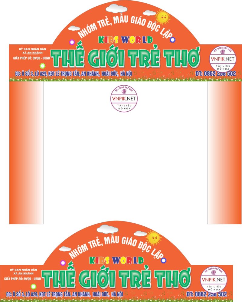 Mẫu cổng trường Biển Kids world – thế giới trẻ thơ file CDR
