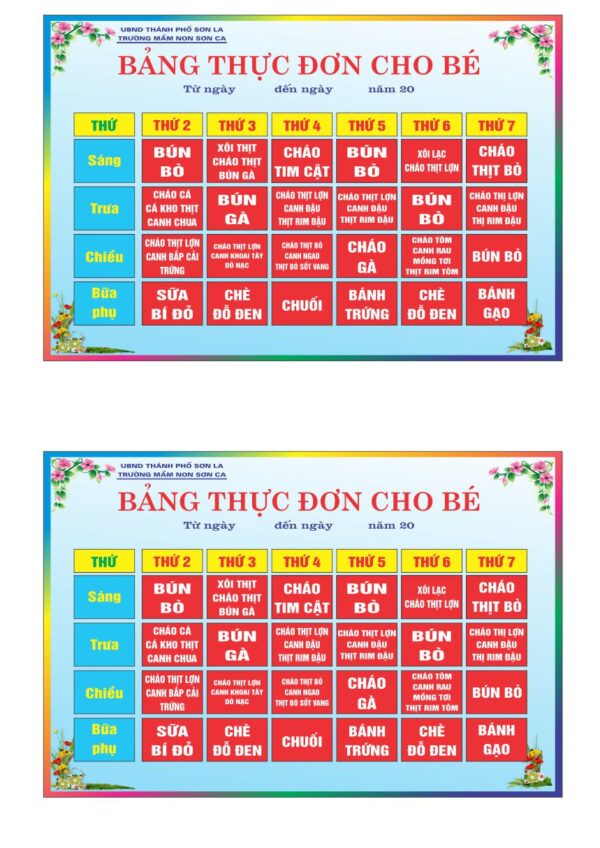 mẫu bảng thực đơn cho bé