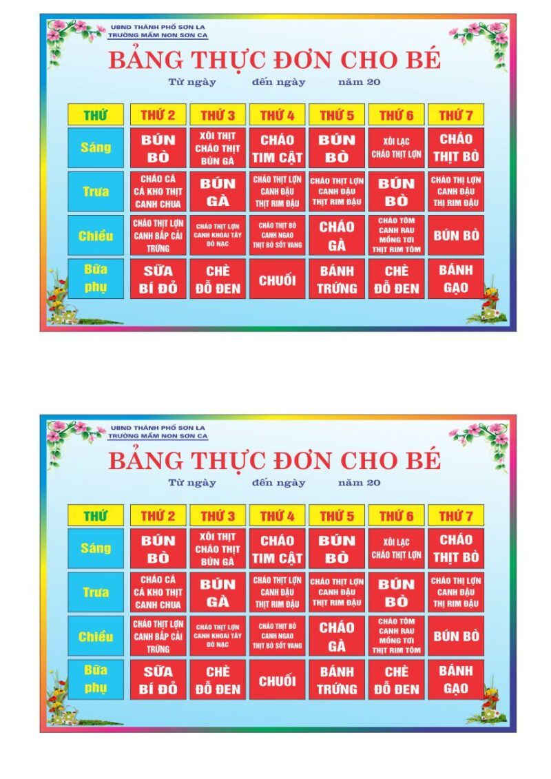 mẫu bảng thực đơn cho bé