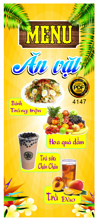 Biển menu quán ăn vặt - hoa quả - trà sữa file corel