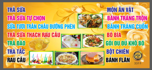 Market trà sữa - đồ ăn vặt tone màu vàng file Corel