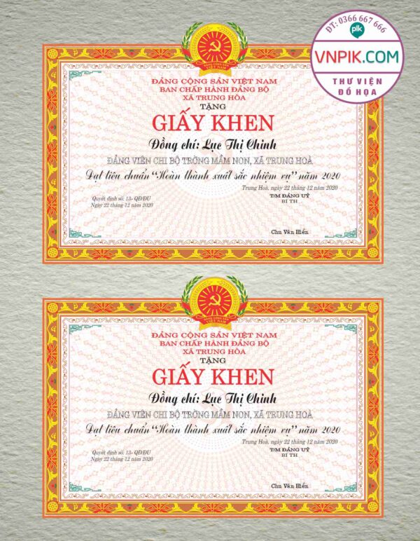 Giấy khen đảng uỷ khối uỷ ban