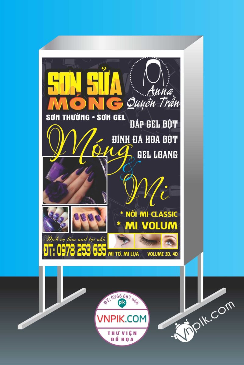 Mẫu bảng quảng cáo spa anna quyên trần, sơn sửa móng, đính đá hoa bột, nối mi