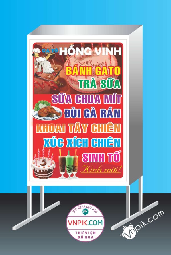 Mẫu biển vẫy cửa hàng gato hồng vinh, bánh gato, trà sữa, sữa chua mít, đùi gà rán, khoai tây chiên