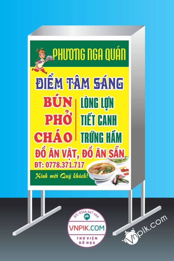 Mẫu biển vẫy cửa hàng phương nga quán, điểm tâm sáng, bún phở cháo, lòng lợn tiết canh, trứng hầm, đồ ăn vặt
