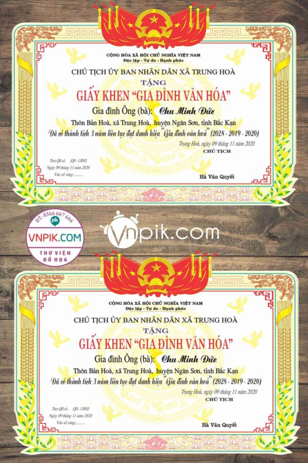 Mẫu giấy khen gia đình văn hoá uỷ ban