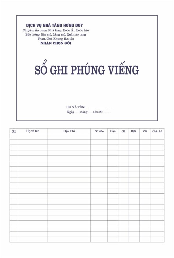 sổ ghi phúng viếng dịch vụ tang lễ hương duy