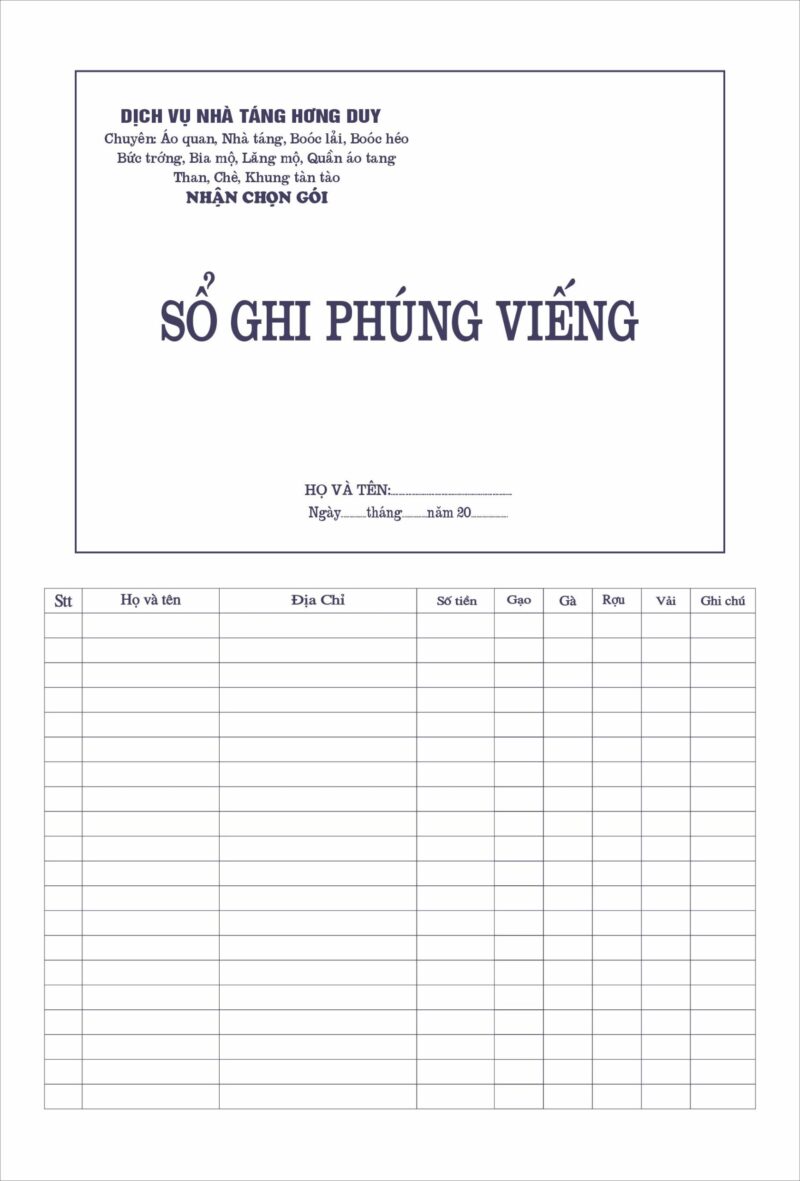 sổ ghi phúng viếng dịch vụ tang lễ hương duy