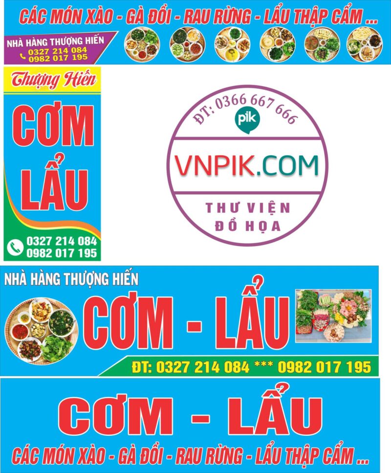Biển quán cơm Thượng hiến, các món xào, lẩu thập cẩm, gà đồi