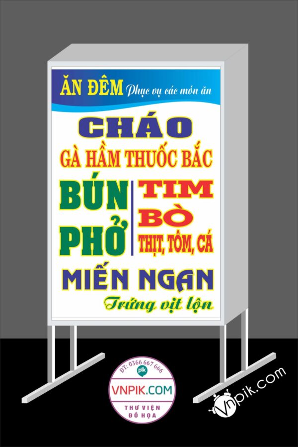 Biển quán ăn đêm, cháo, gà hầm thuốc bắc, bún phở, tim bò, miến ngan