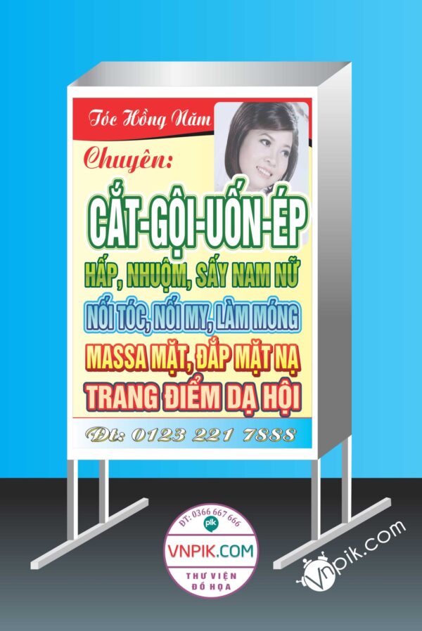 Mẫu biển vẫy quán tóc hồng năm, cắt gội uốn, hấp, massa mặt đắp mặt nạ, trang điểm dạ hội