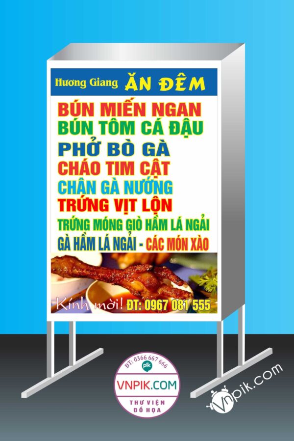 Mẫu biển vẫy quảng cáo hương giang, ăn đêm, miến ngan, bún tôm cá đậu, phờ bò gà, cháo tim cật, chân gà nướng, trứng vịt lộn