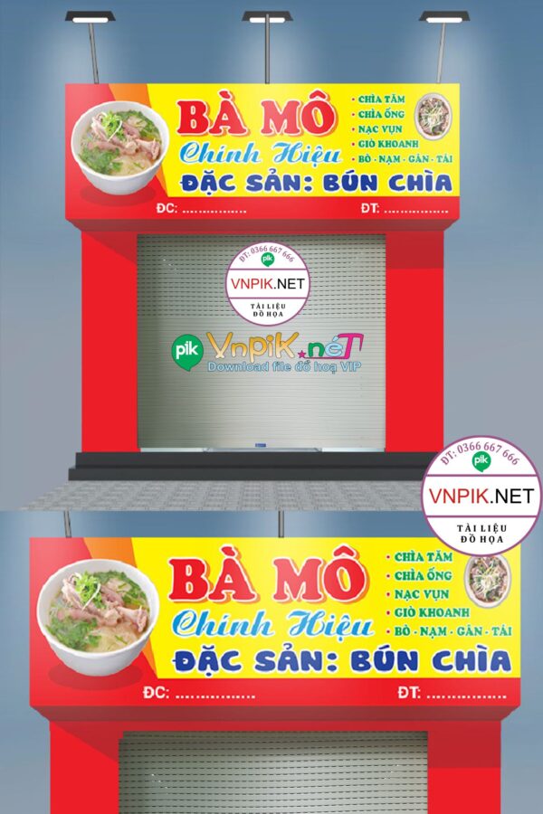 Bảng Hiệu Quán Bún Bò bà mô đặc sản bún chìa file corel