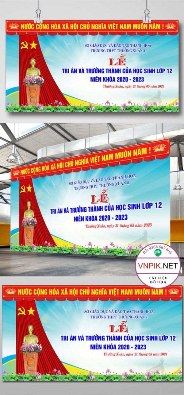 phông nền sân khấu maket lễ tri ân và trưởng thành của học sinh lớp 12