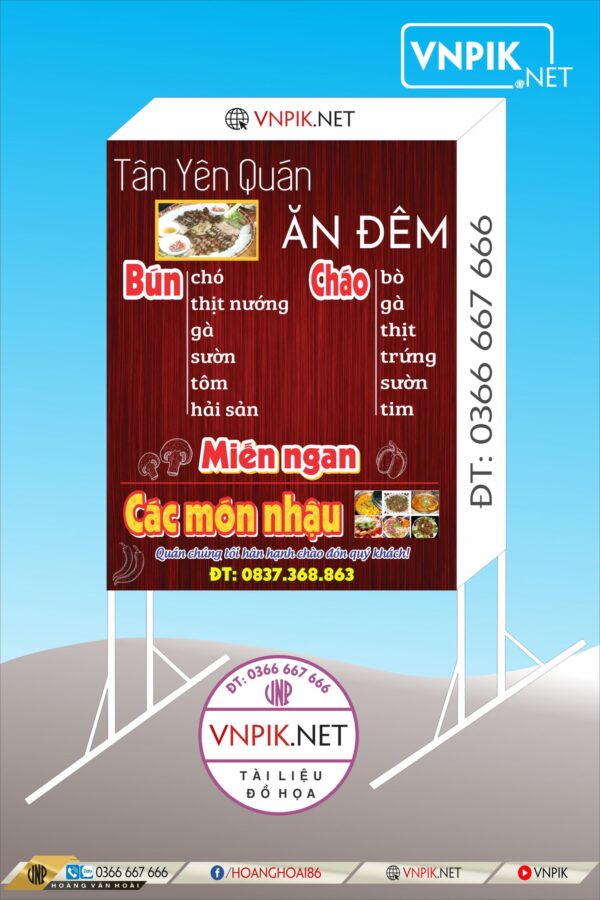 Mẫu biển quảng cáo quán ăn đêm Tân Yên quán các món nhậu bún cháo miến Ngan