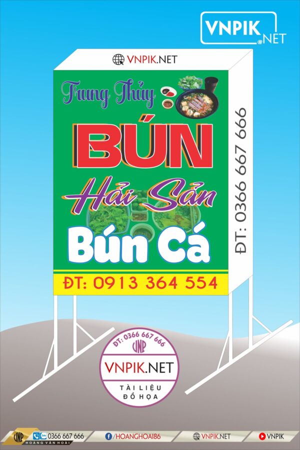 Mẫu biển vẫy cửa hàng trung thủy chuyên bún hải sản bún cá file Corel X7