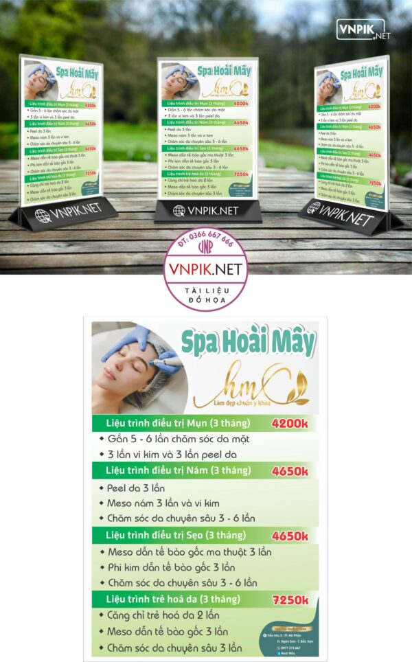 Mẫu menu chăm sóc da Spa Hoài Mây liệu trình điều trị mụn, trị nám, trẻ hoá da