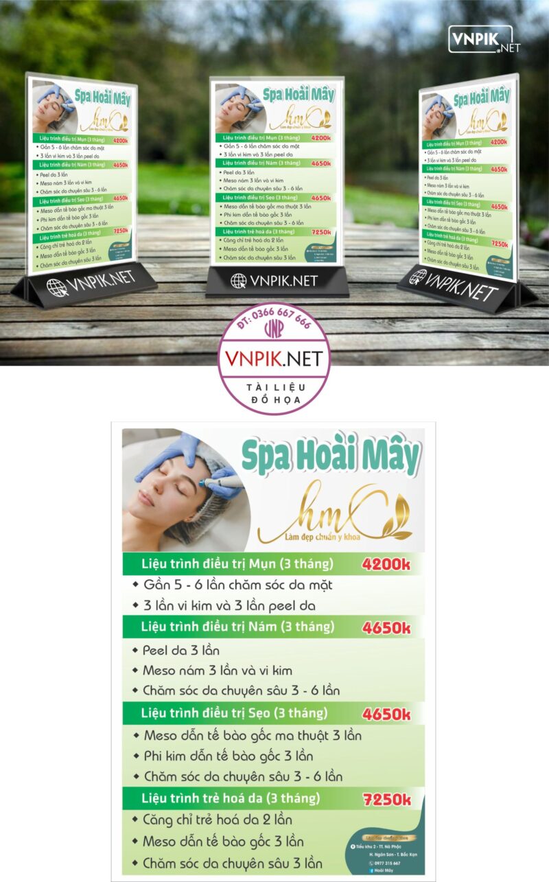 Mẫu menu chăm sóc da Spa Hoài Mây liệu trình điều trị mụn, trị nám, trẻ hoá da